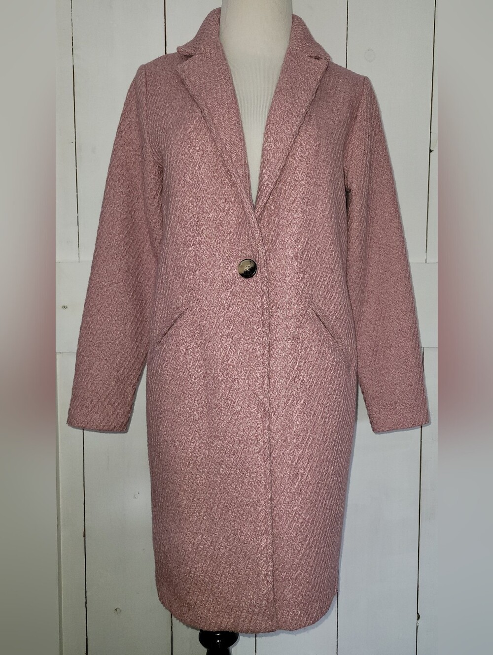 Christian Siriano Single Button Tweed Wool Blend Sweater Coat Dusty Rose Pink XS